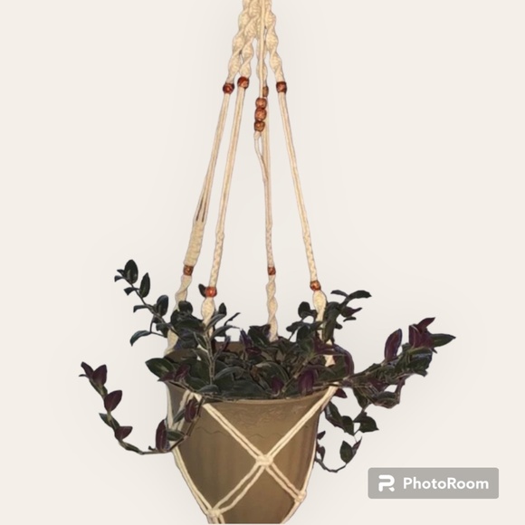 Custom Hand Crafted White Macrame Beaded Plant Hanger - Picture 1 of 13
